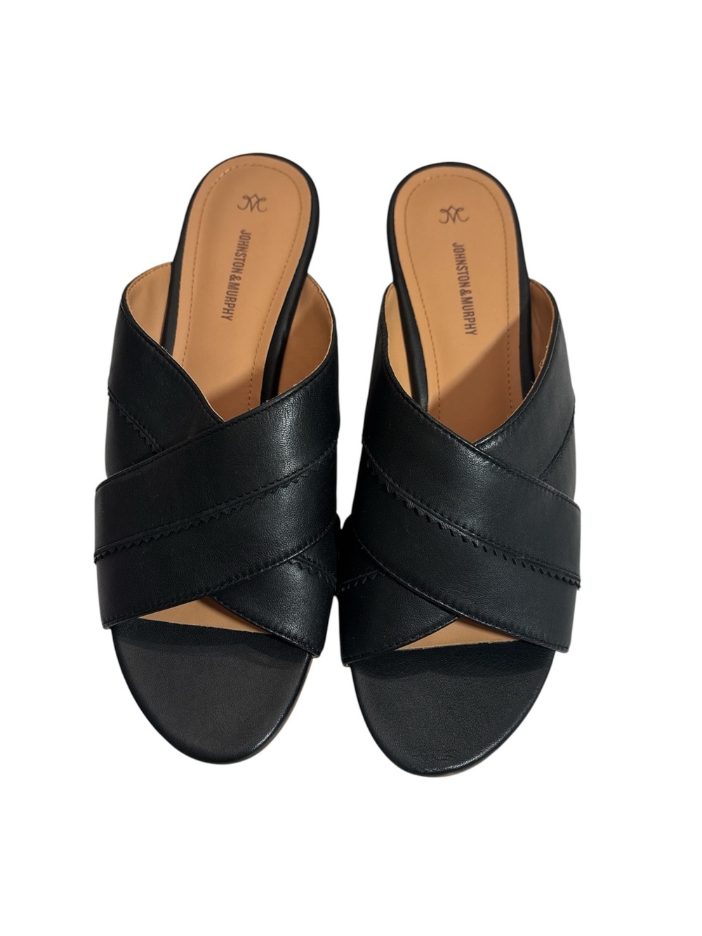 Johnston & Murphy Black Leather Crisscross Slide Mules
